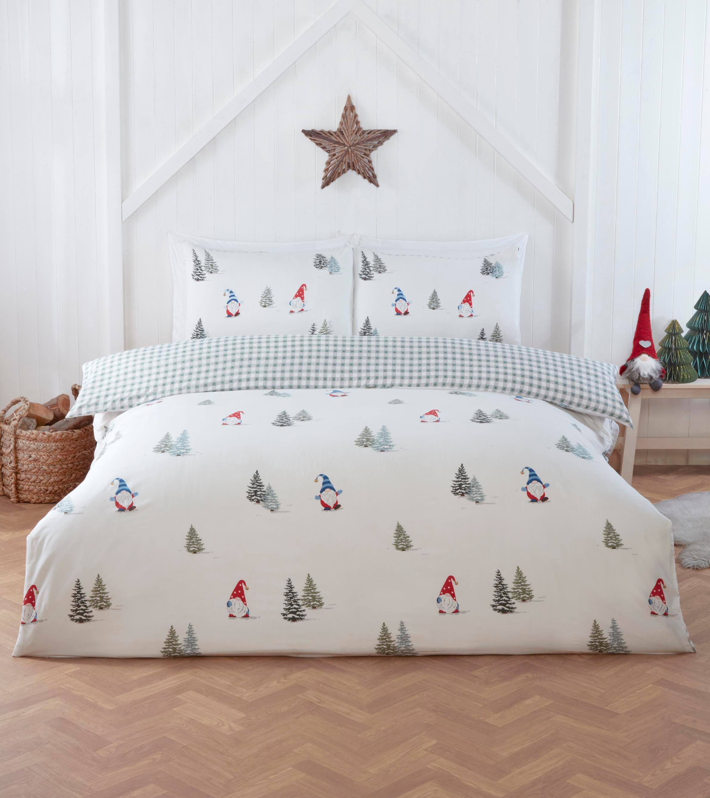 Winter Gonks Christmas duvet cover set styled in a festive bedroom.